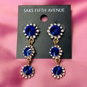 Saks Fifth Avenue Gold-Tone Royal Blue Crystal Triple Drop Earrings. New